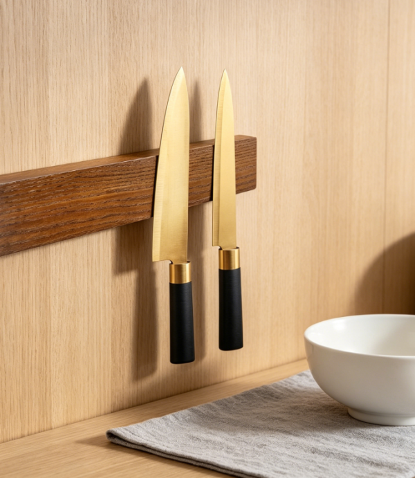 Wooden no drill magnetic knife and kitchen utensil storage strip